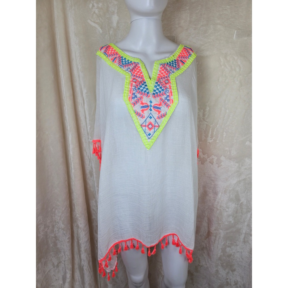 Do Everything In Love Swim Cover Up‎ Neon Embroidered Tassel Poncho White OS